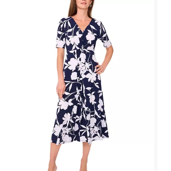 MSK Dresses & Skirts - MSK Twist Front Navy Blue Floral V-Neck Midi Dress Sz Med NWT